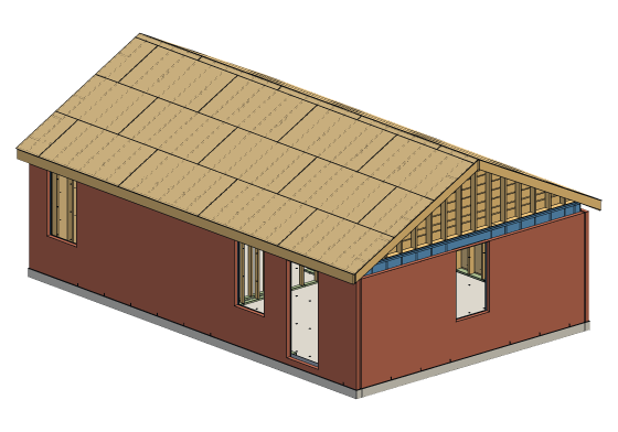 3D model of the whole house — 32'-0" x 20'-0" · brick veneer on a wrapped and sheathed frame, six windows and a front door, a 6:12 gable roof — every stick, sheet and tie generated