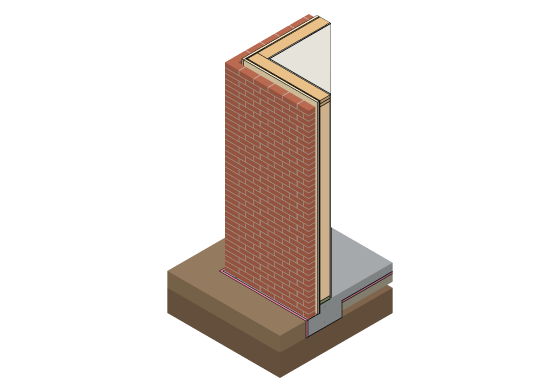 3D model of the California Corner detail — 2x6 · slab on grade · brick veneer