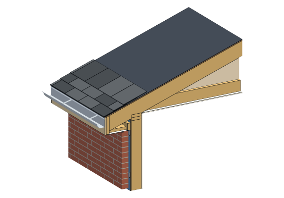 3D model of the Eave, soffit and gutter detail — 4:12 · 2x6 wall · brick veneer · 12" overhang · k-style gutter