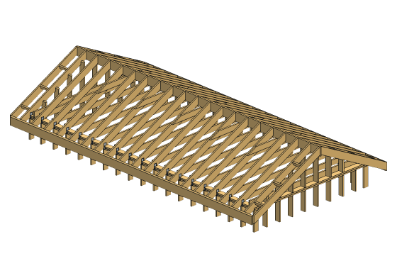 3D model of the Gable roof framing detail — 24'-0" x 12'-0", adjustable pitch, ridge board or ridge beam