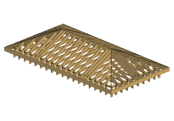 3D model of the Hip roof framing detail — 24'-0" x 12'-0", equal pitch on four slopes, adjustable 3:12 to 16:12