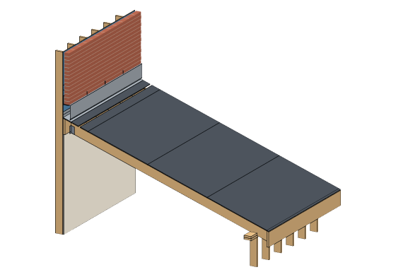 3D model of the Shed roof framing detail — 12'-0" lean-to · ledger on an existing brick wall · 1:12 to 6:12