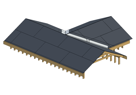 3D model of the Valley framing and the open valley detail — 24'-0" x 12'-0" with an equal-span ell · framed or california valley · 1:12 to 12:12
