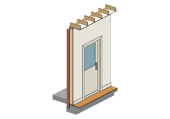 3D model of the Exterior door opening detail — 3'-0" x 6'-8" entry door · slab and landing · switchable wall, insulation and cladding