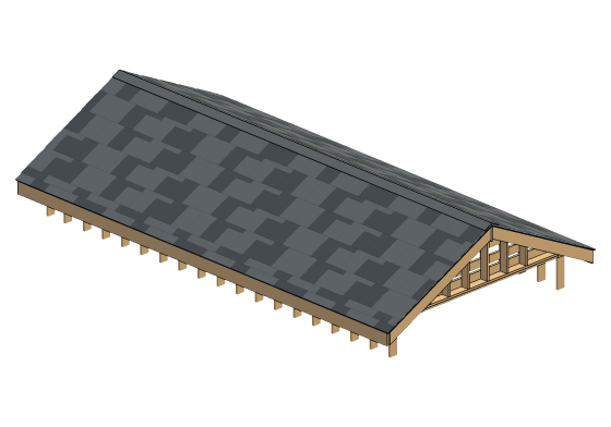 3D model of the Roof sheathing, insulation and covering detail — 6:12 gable · 7/16" osb 24/16 · shingle, metal, tile or slate · vented or compact
