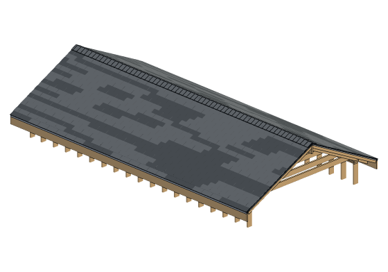 3D model of the Asphalt shingle roof covering detail — gable · 2:12 to 12:12 · three-tab or laminated · drip edge, underlayment, starter, field, ridge